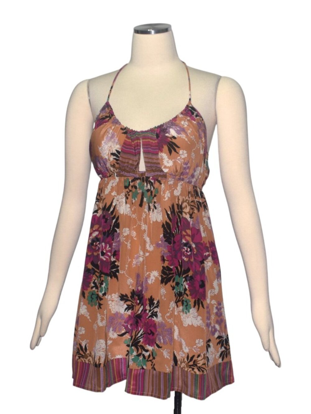 Plenty by Tracy Reese 100% Silk Floral Halter Mini Dress Boho Open Back Tunic 10
